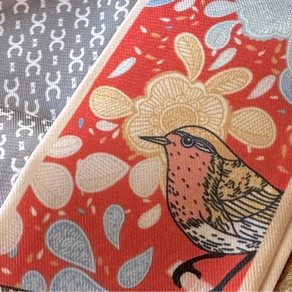 Reversible Coral & Gray Bird & Flower Print Twilly Narrow Tie Scarf - Picture 3 of 4